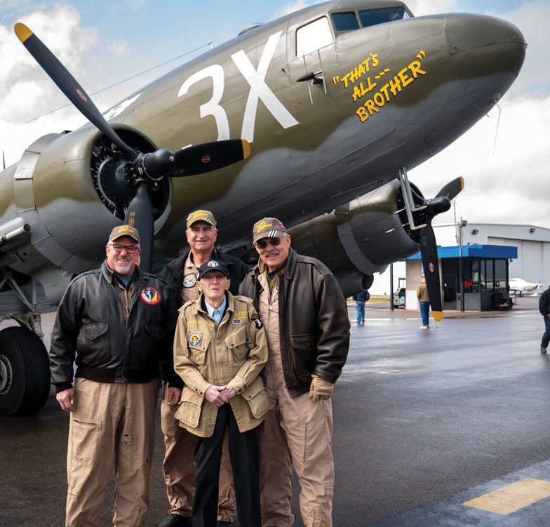 2019 Dan Fordice, Ray Claussen, and Doug Rozendaal with D-Day veteran PeeWee Martin in front of the C-47 That's All, Brother